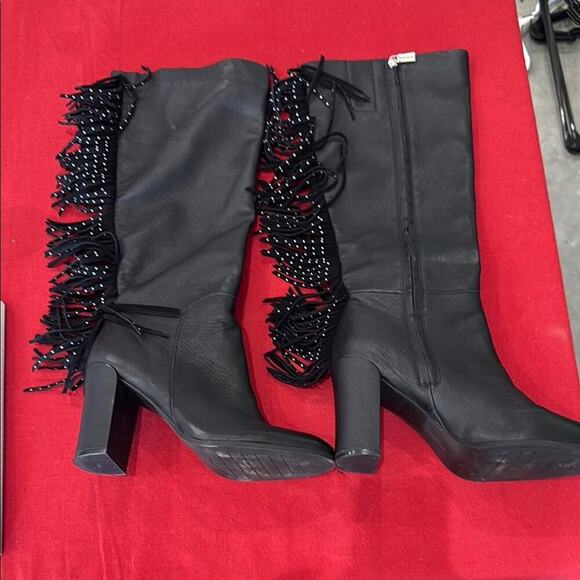 Kenneth Cole Black Heeled Boots with Fringe - Picture 1 of 4